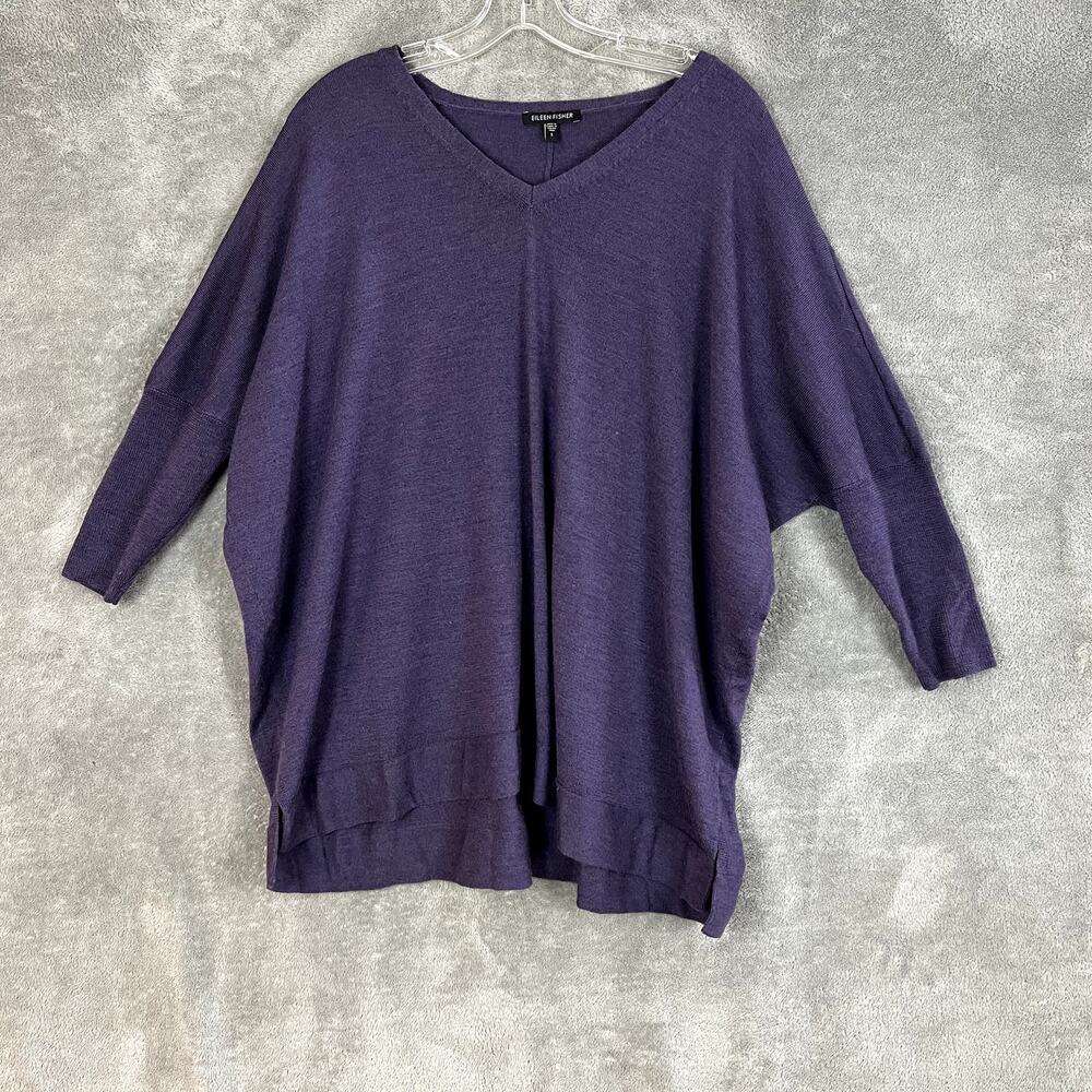 Eileen Fisher Sweater Womens S V Neck Plum 100% Merino Wool Oversized Minimalist